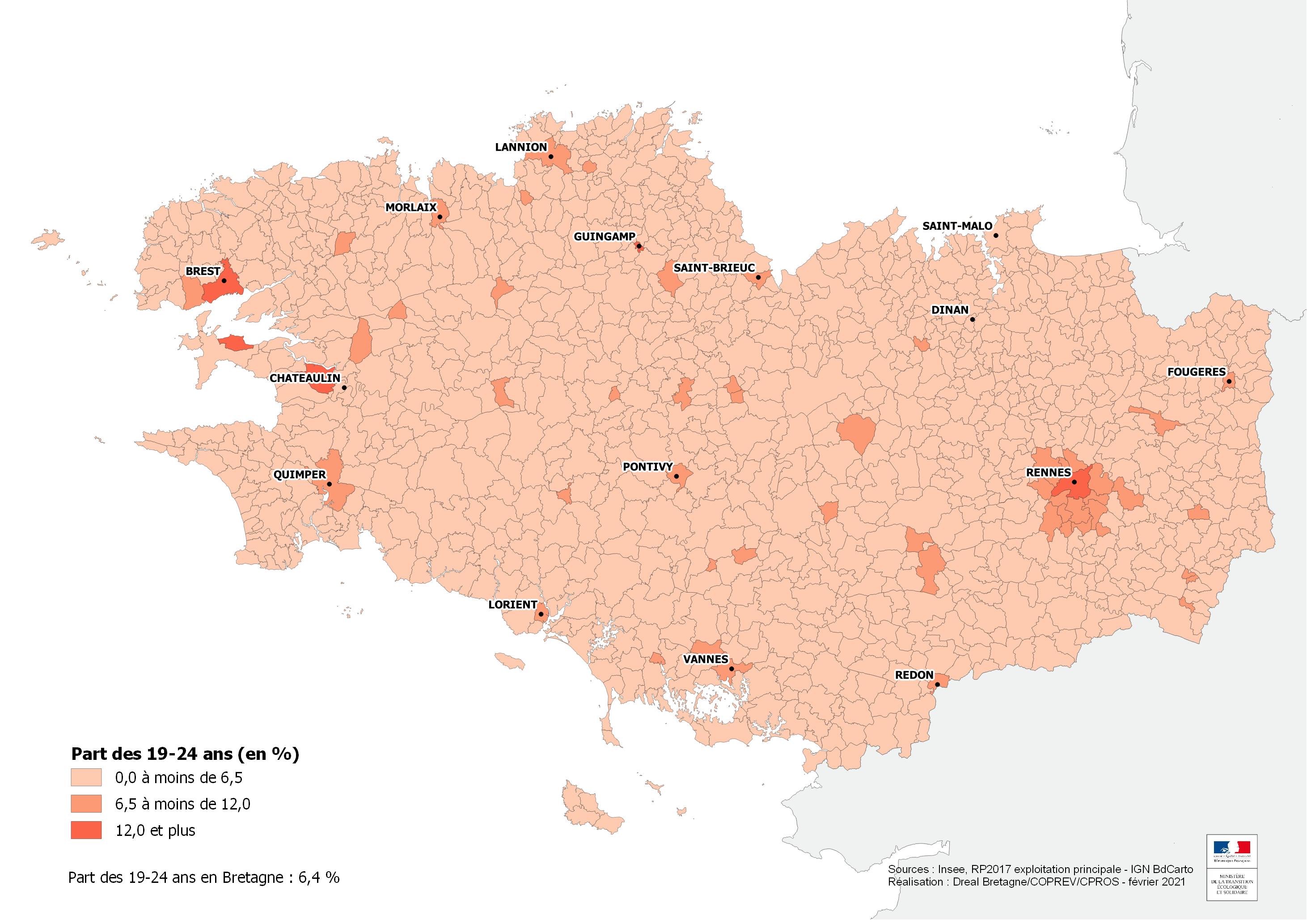 Part des personnes de 19 à 24 ans par commune de résidence