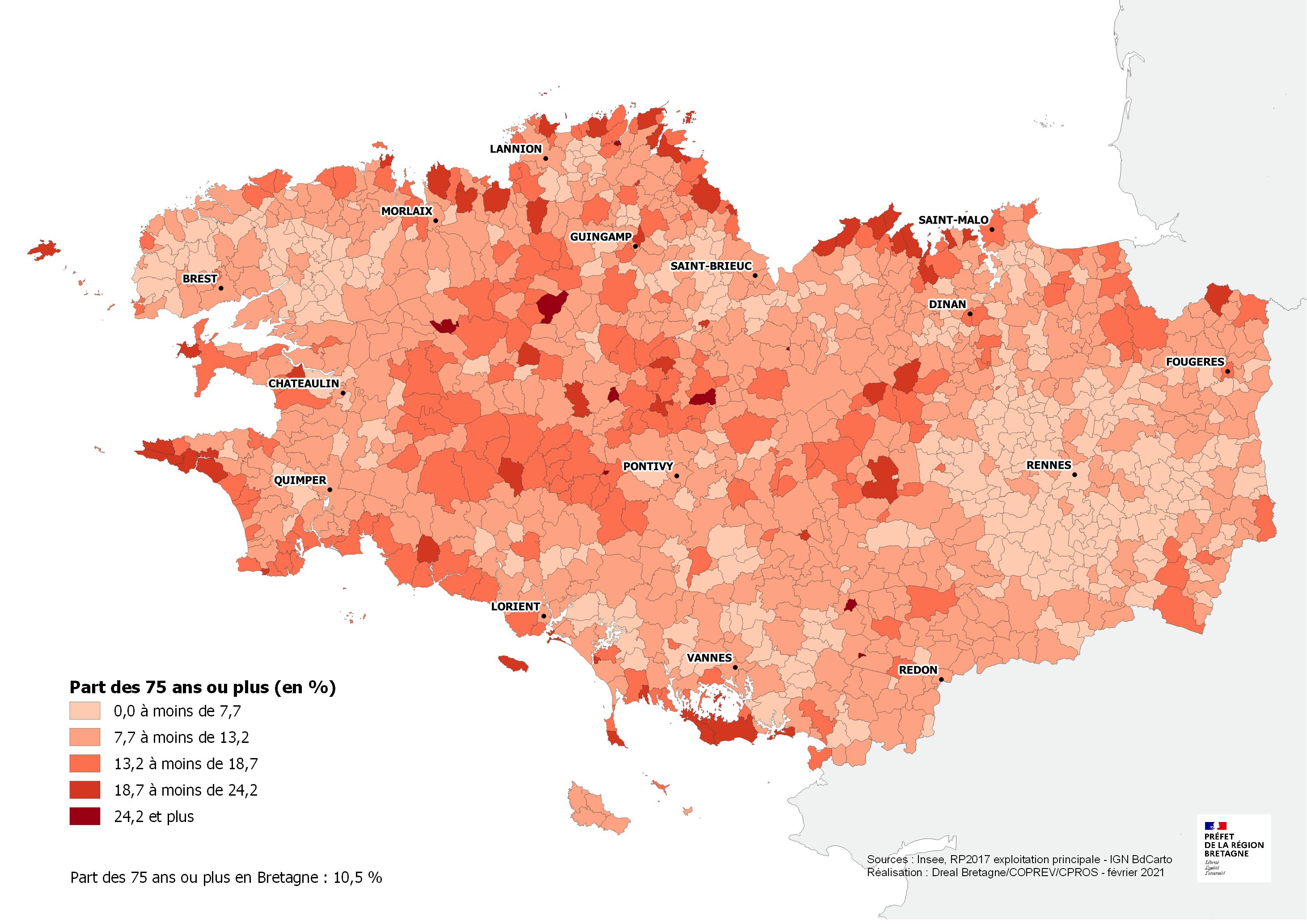 Part des personnes de 75 ans et plus par commune de résidence